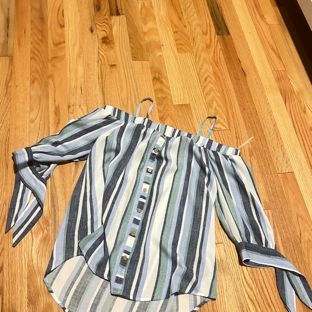 Iz Byer Blue and Green Striped Off-Shoulder Blouse